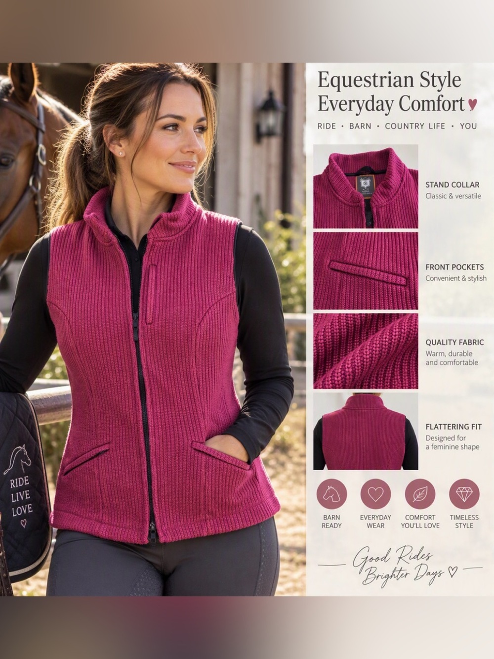Asmar Equestrian Fuschia Ribbed Knit Full Zip Vest- Riding Outdoor Lifestyle